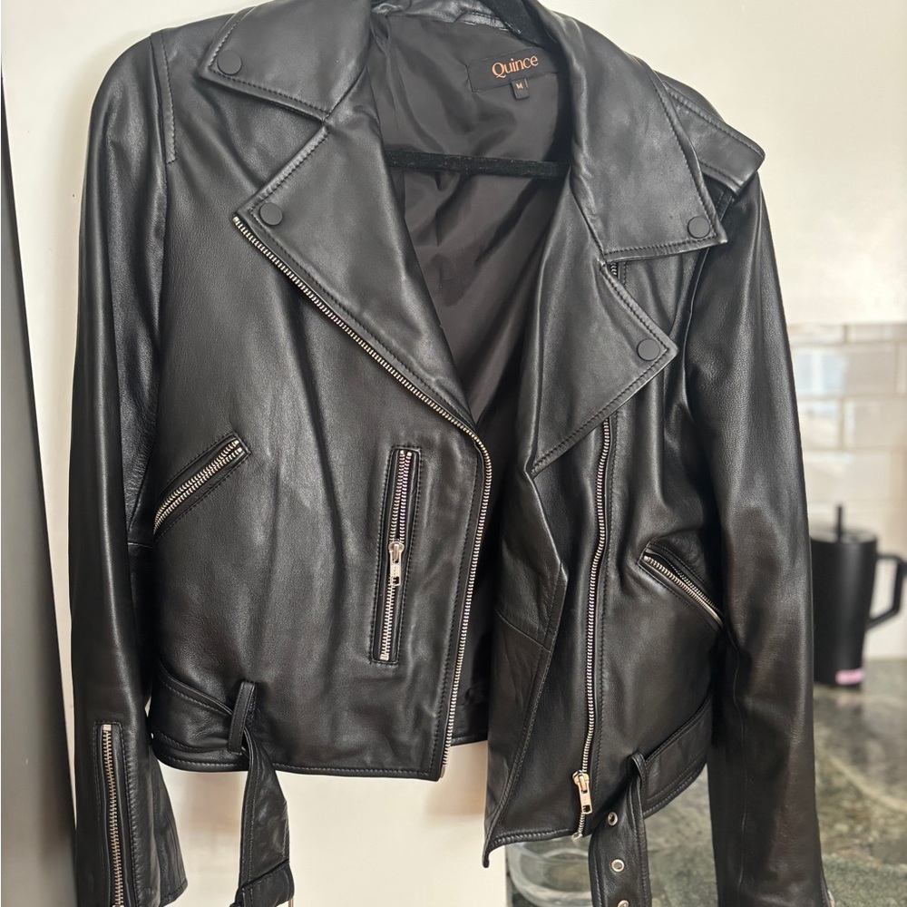 Quince Black Leather Moto Jacket Asymmetrical Zipper